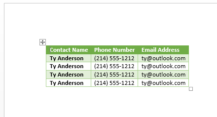 Contact information imported from Outlook