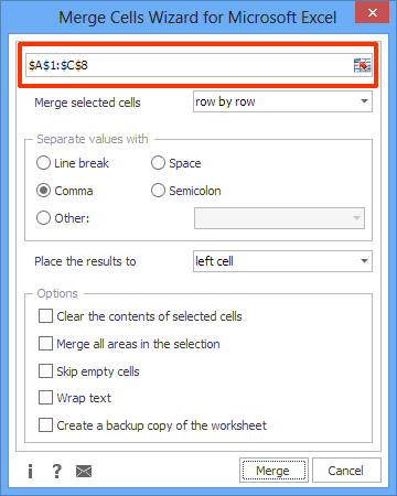 The Range Selection edit box added to the Merge Cells Wizard's UI