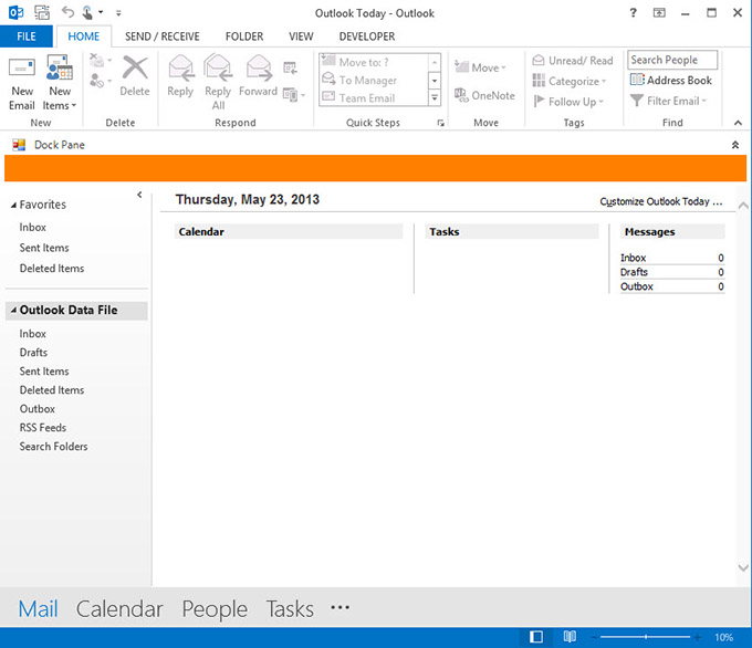 A custom form docked at the top of the Outlook Explorer window