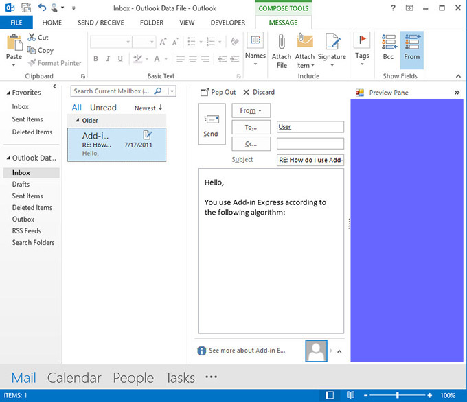 A custom form in the right-hand part of the Outlook Reading pane