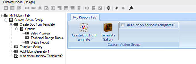 The custom Word ribbon in Visual Studio 2012 at design-time