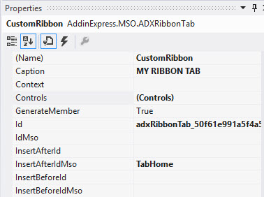 Confuguring the custom ribbon's properties to display it to the right of the HOME tab