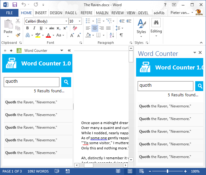 The advanced task pane and standard Office task pane in Word 2013
