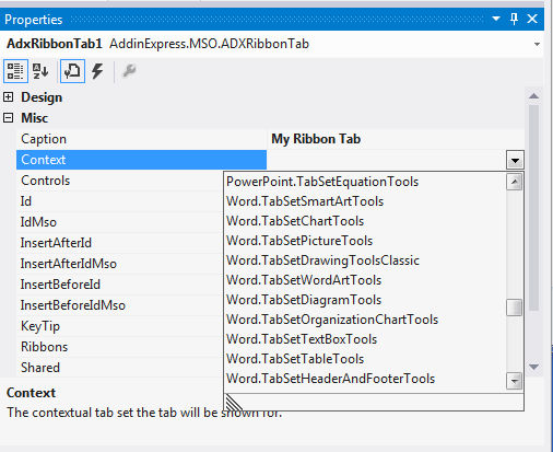Setting the Ribbon's Context property to display the custom Ribbon only for a specific Word context.