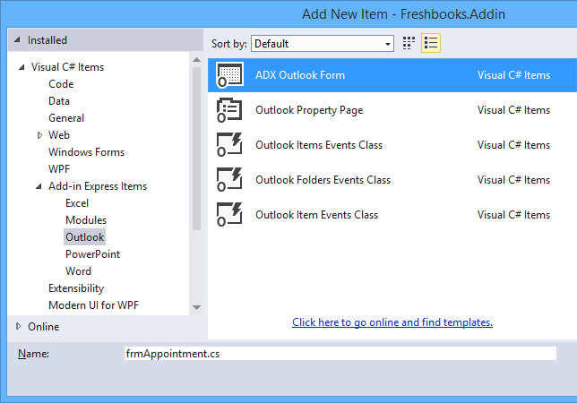Add a new ADX Outlook Form item to your Outlook add-in project.