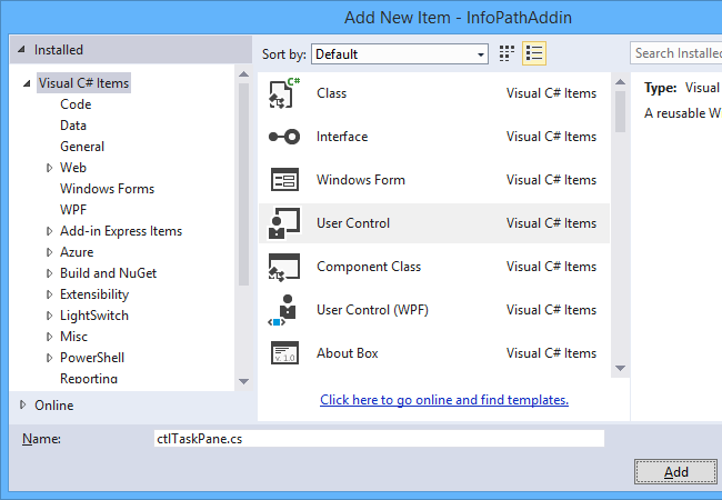 Adding a new Windows Forms User Control to your project