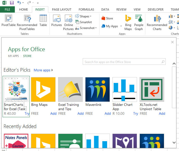 Searching for an Excel app on the Store