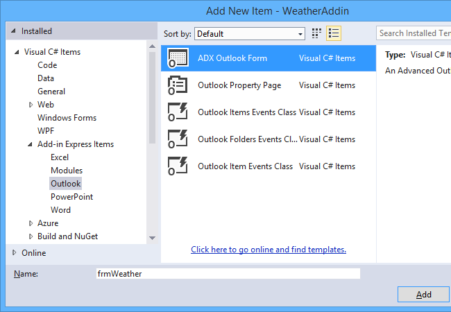 Adding a new ADX Outlook Form item to our Outlook addin project