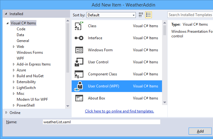 Adding a new WPF User Control to the Outlook add-in project.