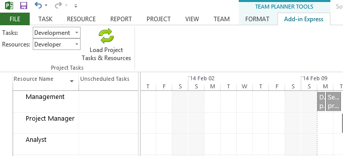 The newly created custom ribbon tab in Project 2013
