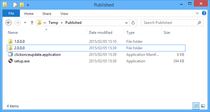 A new folder called 2.0.0.0 has been added to the Published folder