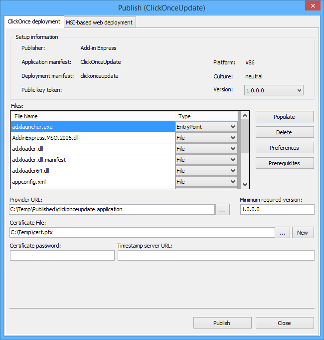 Configuring a ClickOnce installer options