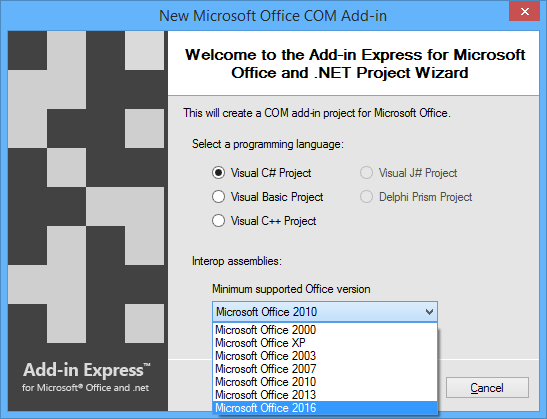 Add-in Express for Office and .net allows you to support all versions of Office 2000 to Office 2016 with one codebase