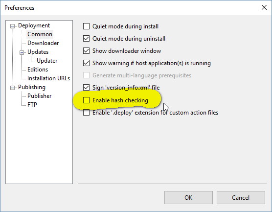 Disabling hash checking (for debugging)