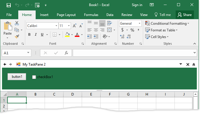 The form's color is changed, but the other parts of the pane are painted in the Excel theme color.