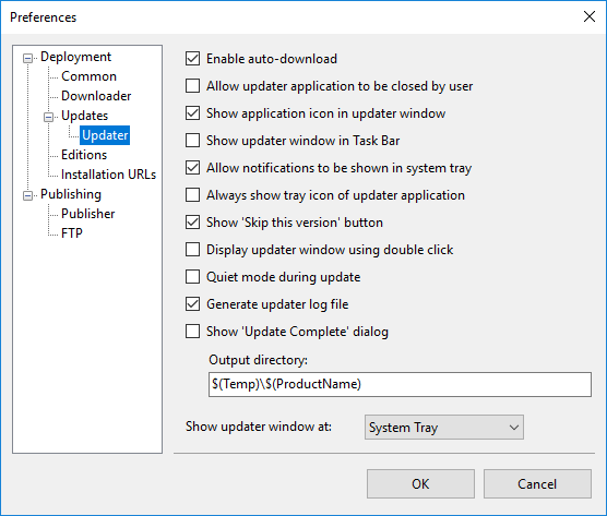 The default settings of the Updater application