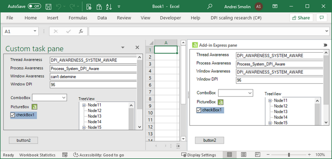 The panes shown on the 200% monitor after Excel is started with the 'Optimize for compatibility' option set