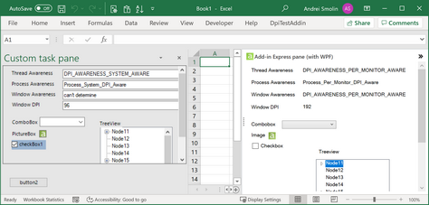 Excel window on a 200% (192 DPI) monitor showing Windows Forms UI on CTP and WPF UI on Add-in Express pane