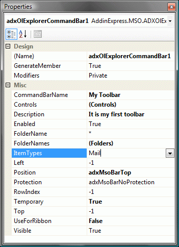 Specifying Outlook Explorer command bar properties