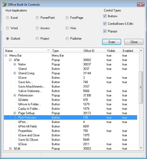 Print Preview button in the Control Scanner window