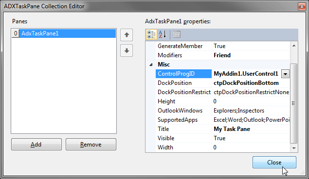 Task Panes collection editor