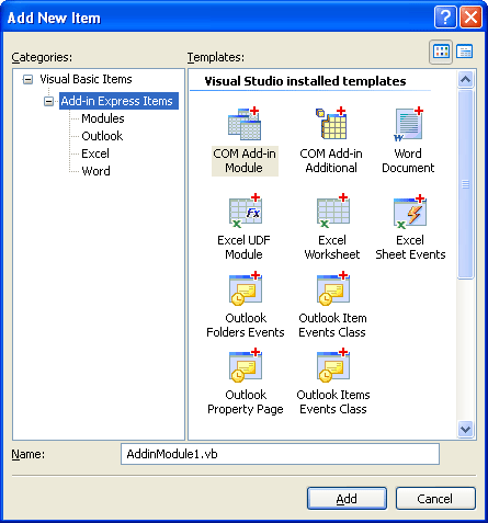 Add-in Express items in the Add New Item dialog in Visual Studio