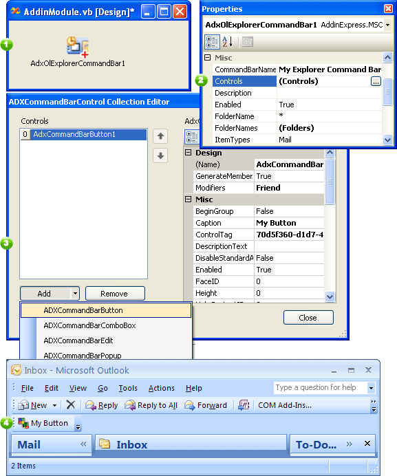 Components for creating and populating Outlook command bars