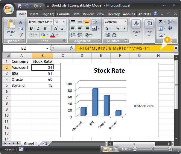 A formula that uses an Excel RTD server