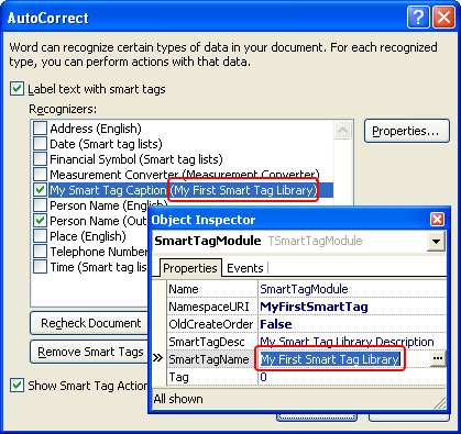 Smart tag displays in the AutoCorrect dialog
