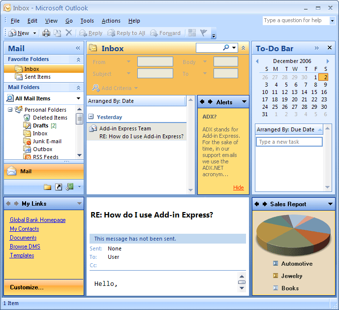 Advanced form regions: a sample user interface of an Outlook add-in.