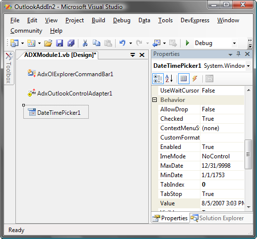 Adding a .NET control onto the add-in module designer.