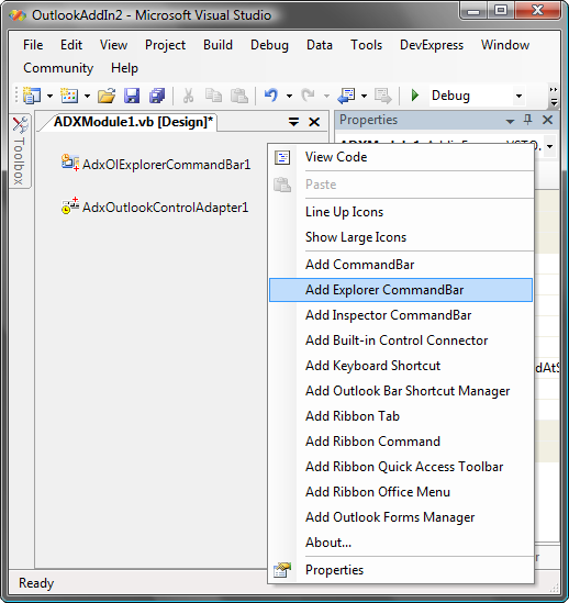 Adding an Explorer command bar component.