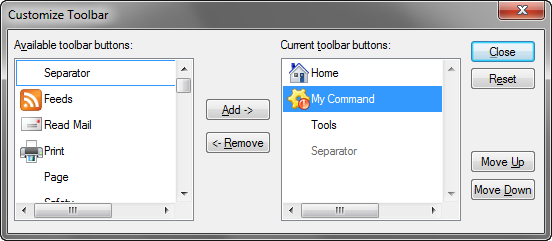 A custom command in the IE Customize dialog