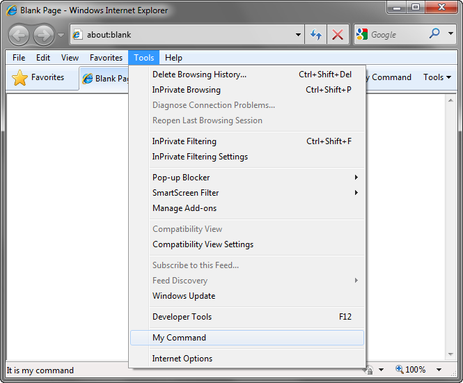 A custom command added to the IE Tools menu