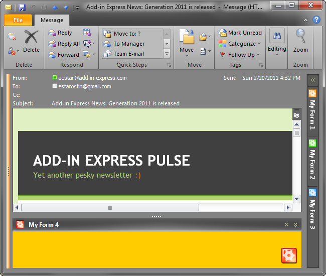 The state, size and position of each embedded Outlook form is preserved