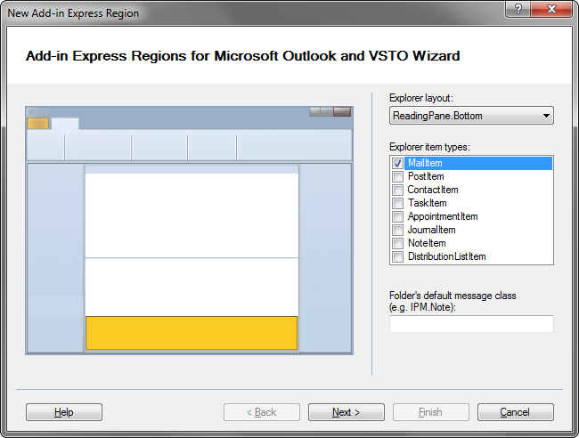 Embedding a region into the bottom Reading pane layout for mail item folders