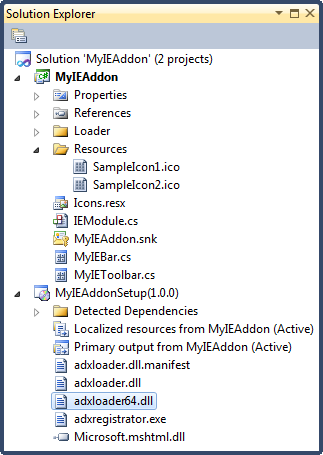 IE add-on project in the Solution window of Visual Studio