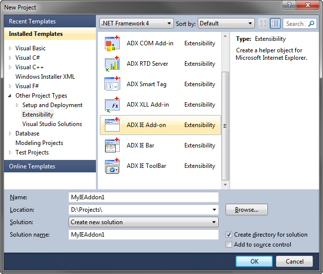 Creating a new Internet Explorer add-on project
