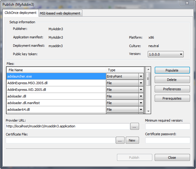 Building a deployment packages using ClickOnce deployment model