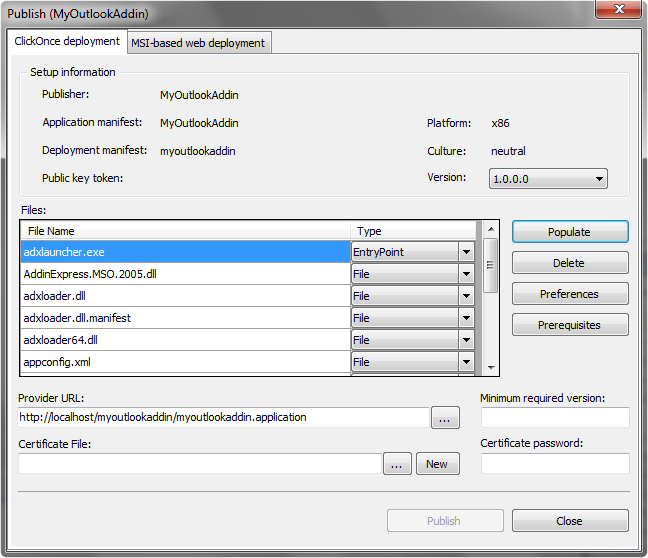 Building a deployment packages using ClickOnce deployment model