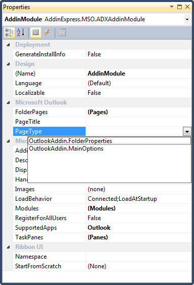 Configuring the add-in module to display the page as folder or options page