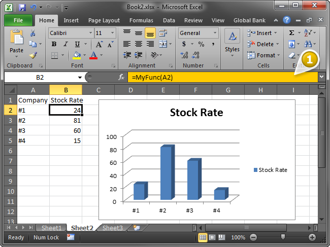 A formula that uses a sample Excel Automation add-in