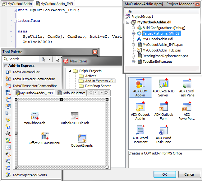 Add-in Express for Office and Delphi components for COM Add-in, Smart Tag and RTD Server
