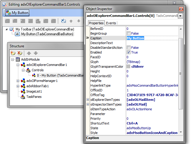 A custom CommandBar button in the Add-in Express visual designer