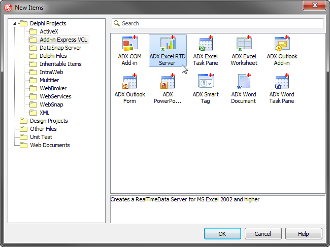 Create a new Excel RTD Server project in Delphi