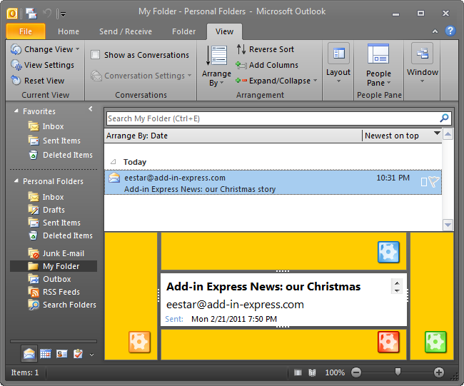 Custom view region for a selected folder in Outlook 2010