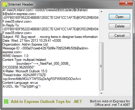 Outlook internet header
