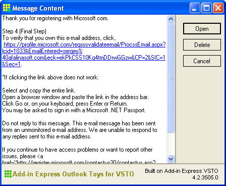 Outlook message content