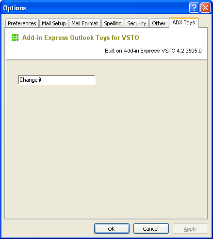 Modified Outlook options page