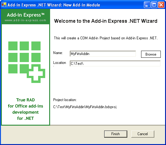 Naming the add-in project and specifying the project path